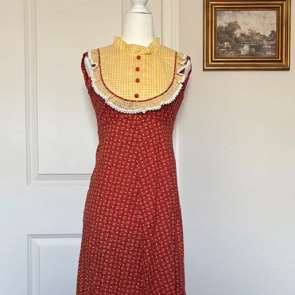 Lola Juniors 3 Vintage Ruffle Gingham Floral Red and Yellow Sleeveless Dress 70s - Picture 1 of 8